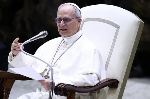 Pope Leo XIV holds an audience with representatives of the media in Paul VI hall at the Vatican